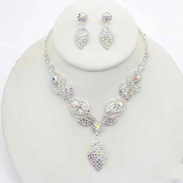 LEAF RHINESTONE NECKLACE EARRING SET