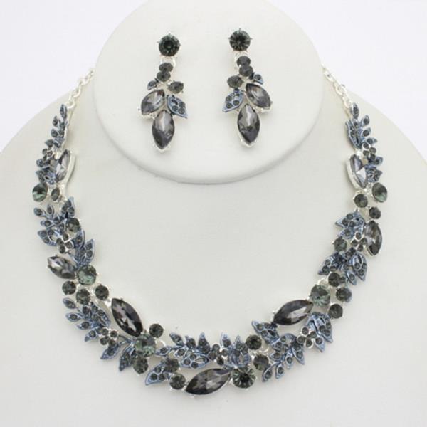 RHINESTONE LEAF NECKLACE EARRING SET