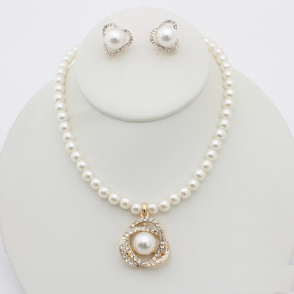 PEARL BEAD ROSE FRAME PENDANT NECKLACE EARRING SET