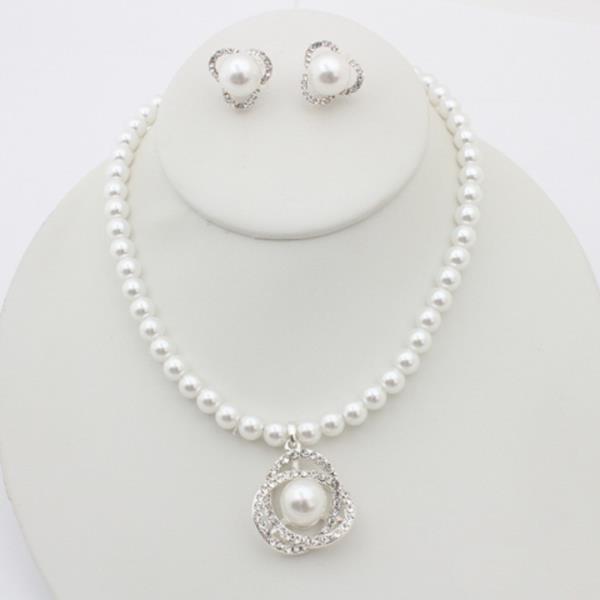 PEARL BEAD ROSE FRAME PENDANT NECKLACE EARRING SET