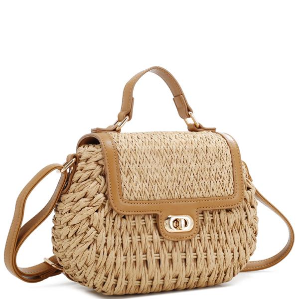 FASHION TWIST LOCK STRAW DESIGN HANDLE SATCHEL BAG
