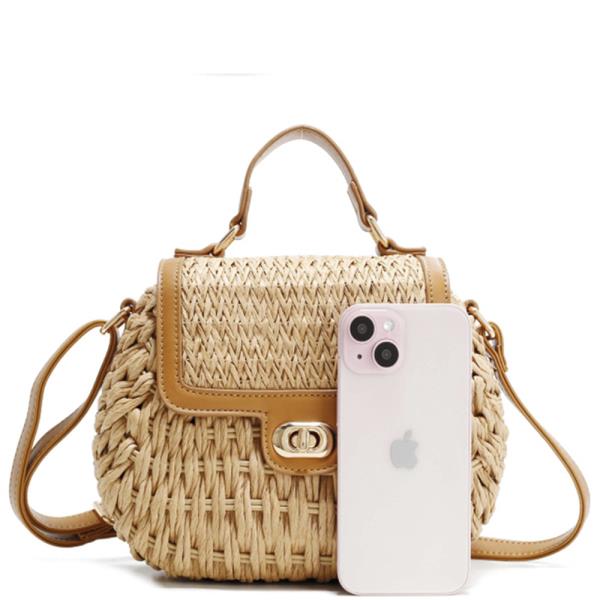 FASHION TWIST LOCK STRAW DESIGN HANDLE SATCHEL BAG