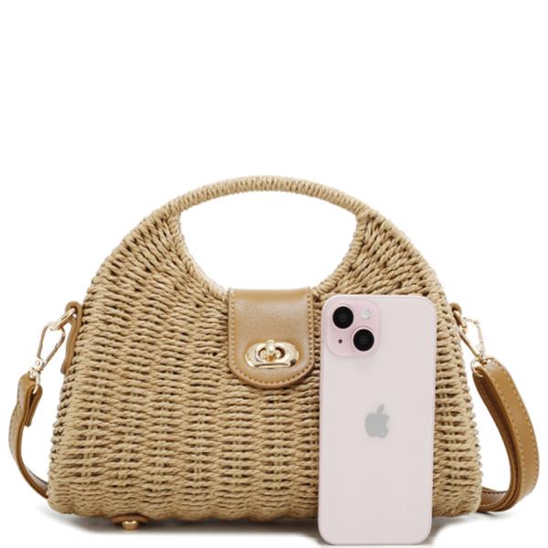 MODERN STRAW TWIST LOCK HANDLE SATCHEL BAG