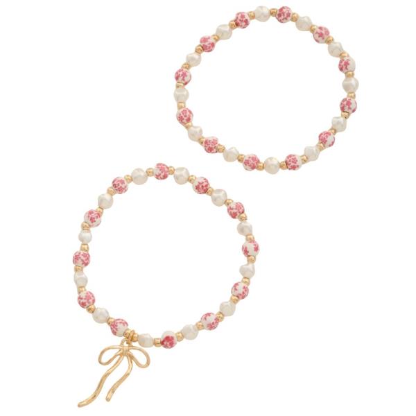 RIBBON BOW CERAMIC BEAD BRACELET SET