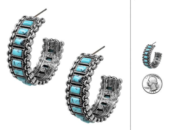 WESTERN CHAIN TURQUOISE BEAD OPEN HOOP EARRING