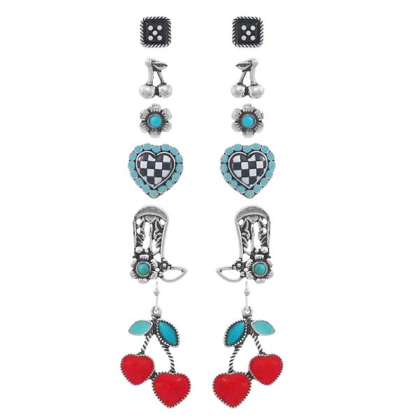 WESTERN SEMI STONE CHERRY ASSORTED EARRING SET