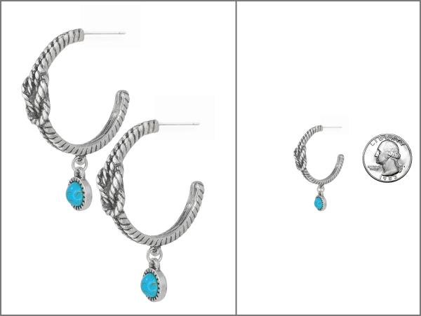 WESTERN SEMI STONE ROPE TEXTURED HOOP EARRING