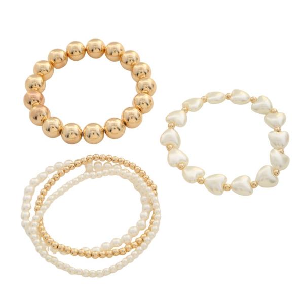 HEART SHAPE PEARL BEAD ASSORTED BRACELET SET