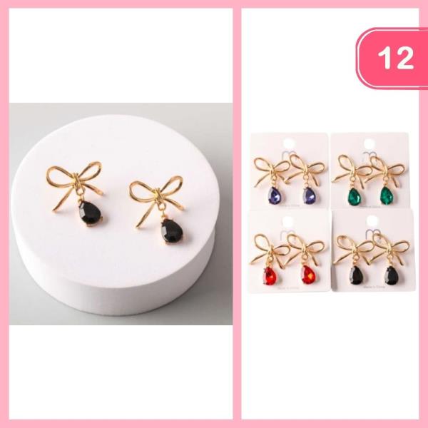 CRYSTAL TEARDROP METAL BOW EARRINGS (12 UNITS)