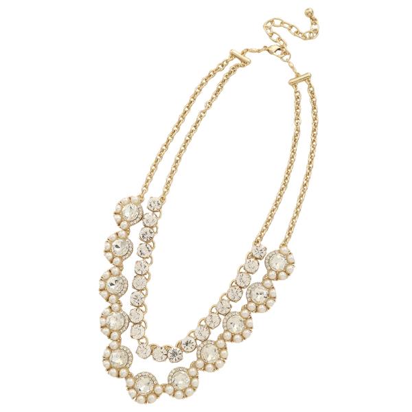 RHINESTONE PEARL DOUBLE LAYER CHAIN LINK NECKLACE
