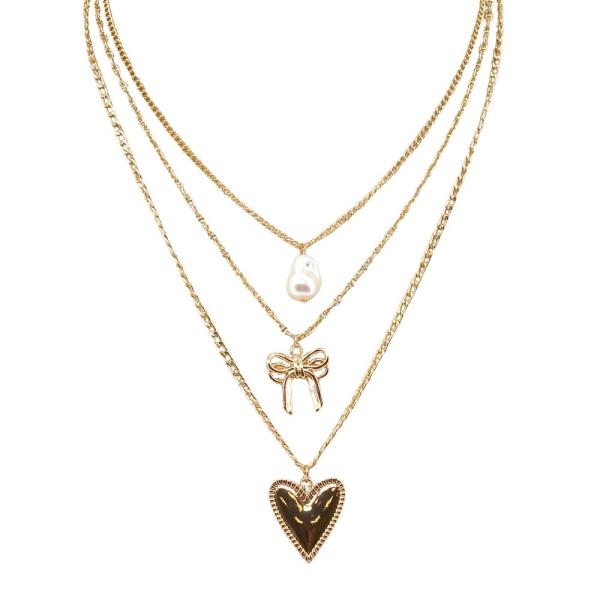 CHAIN LAYERED MULTI PEARL BOW NECKLACE