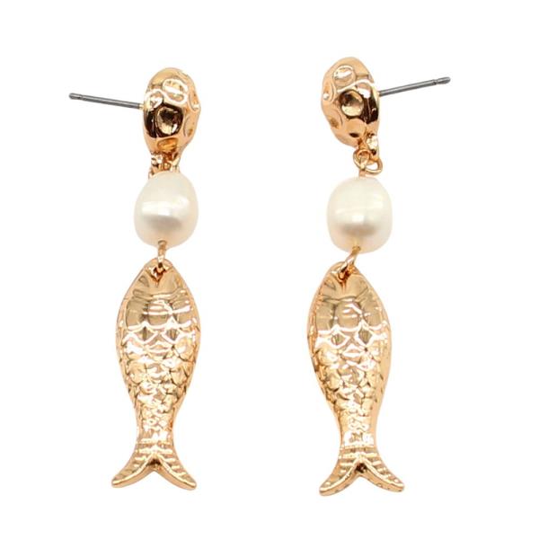 FISH PEARL BEAD METAL DANGLE EARRING