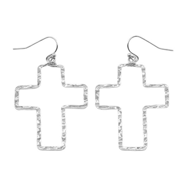 HAMMERED METAL CROSS DANGLE EARRING