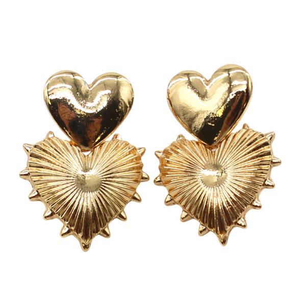 SOLID TEXTURED DOUBLE HEART METAL EARRING