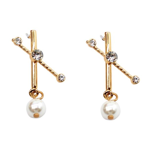CRISS CROSS METAL BAR PEARL BEAD RHINESTONE EARRING