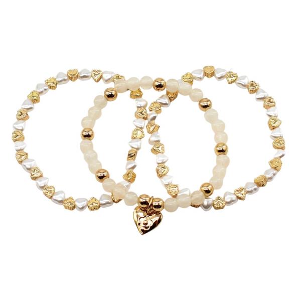 HEART CHARM BEADED BRACELET SET
