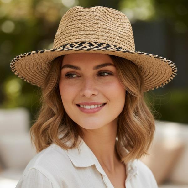 STRAW FEDORA HAT WITH TWO TONES GEOMETRIC WOVEN BAND AND MATCHING BRIM TRIM