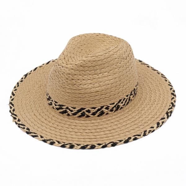 STRAW FEDORA HAT WITH TWO TONES GEOMETRIC WOVEN BAND AND MATCHING BRIM TRIM