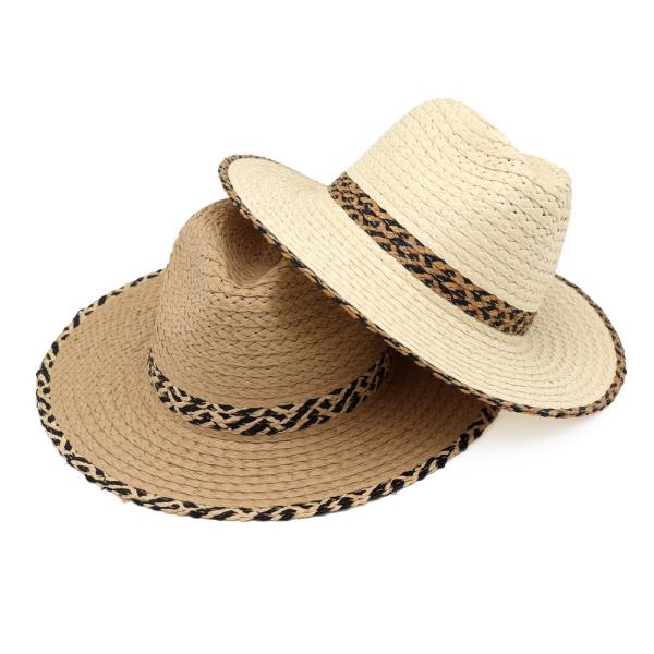 STRAW FEDORA HAT WITH TWO TONES GEOMETRIC WOVEN BAND AND MATCHING BRIM TRIM