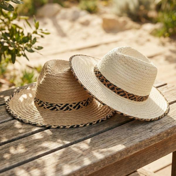 STRAW FEDORA HAT WITH TWO TONES GEOMETRIC WOVEN BAND AND MATCHING BRIM TRIM