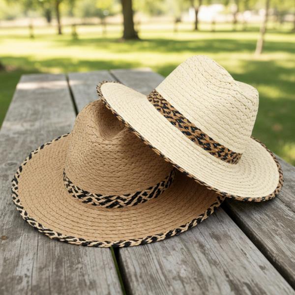 STRAW FEDORA HAT WITH TWO TONES GEOMETRIC WOVEN BAND AND MATCHING BRIM TRIM
