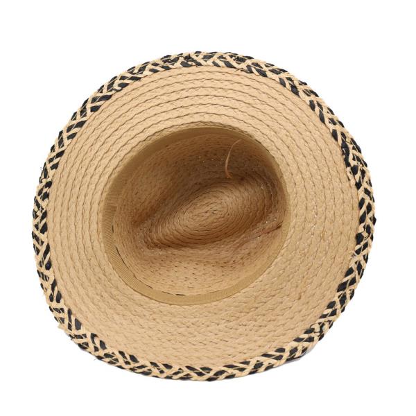 STRAW FEDORA HAT WITH TWO TONES GEOMETRIC WOVEN BAND AND MATCHING BRIM TRIM