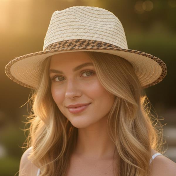 STRAW FEDORA HAT WITH TWO TONES GEOMETRIC WOVEN BAND AND MATCHING BRIM TRIM