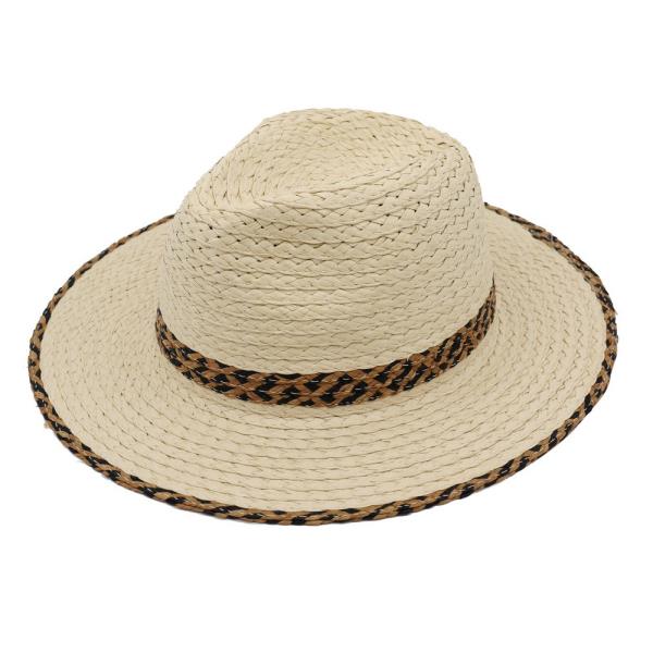 STRAW FEDORA HAT WITH TWO TONES GEOMETRIC WOVEN BAND AND MATCHING BRIM TRIM