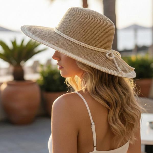 TWO TONE WIDE BRIM SUN HAT WITH ROPE BAND.