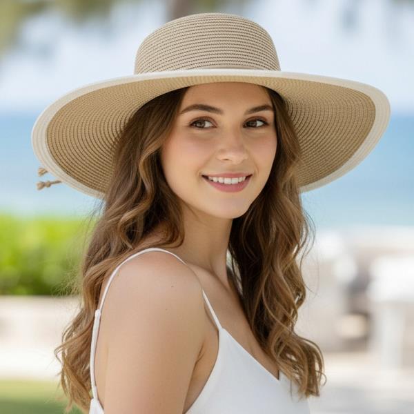 TWO TONE WIDE BRIM SUN HAT WITH ROPE BAND.