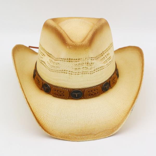 AGED LOOK, STRAW COWBOY HAT WITH SUEDE STITCHED DETAILS AND STEER HEAD CONCHOS