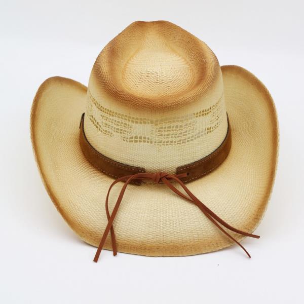 AGED LOOK, STRAW COWBOY HAT WITH SUEDE STITCHED DETAILS AND STEER HEAD CONCHOS