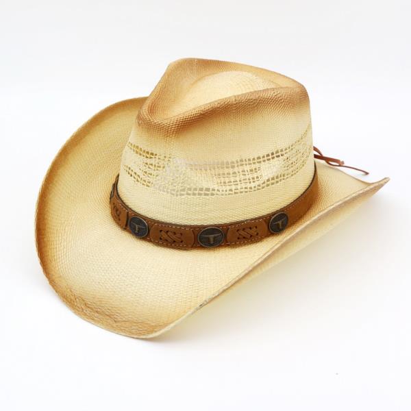 AGED LOOK, STRAW COWBOY HAT WITH SUEDE STITCHED DETAILS AND STEER HEAD CONCHOS