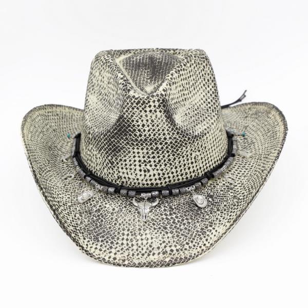 HANDMADE VINTAGE COWBOY HAT WITH WESTERN BULL HEAD, HAT, HORSEHOE, BOOT, CATCUS CHARMS