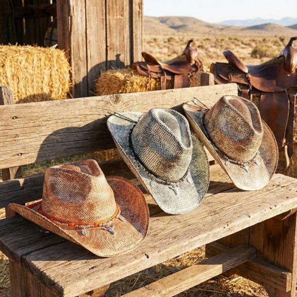 HANDMADE VINTAGE COWBOY HAT WITH WESTERN BULL HEAD, HAT, HORSEHOE, BOOT, CATCUS CHARMS