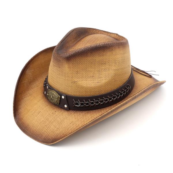 RUSTIC COWBOY HAT WITH CHAIN AND CONCHO DETAIL FAUX LEATHER BAND