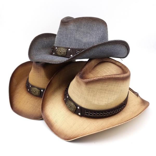 RUSTIC COWBOY HAT WITH CHAIN AND CONCHO DETAIL FAUX LEATHER BAND