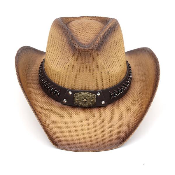 RUSTIC COWBOY HAT WITH CHAIN AND CONCHO DETAIL FAUX LEATHER BAND