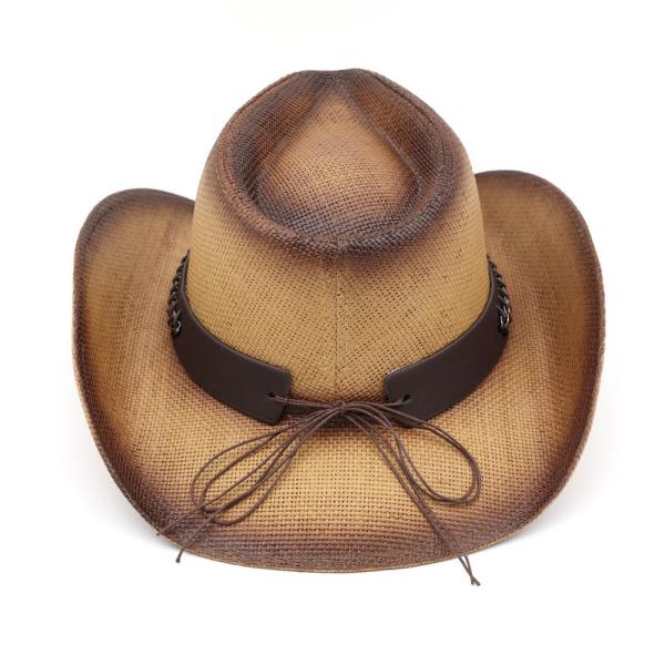 RUSTIC COWBOY HAT WITH CHAIN AND CONCHO DETAIL FAUX LEATHER BAND