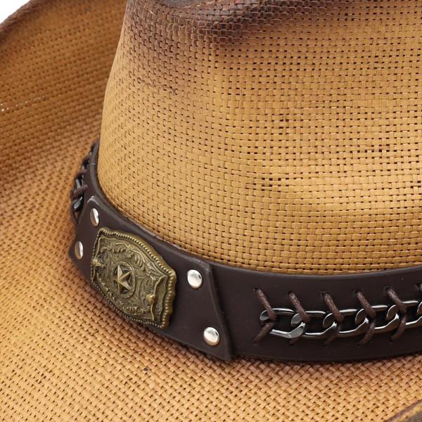 RUSTIC COWBOY HAT WITH CHAIN AND CONCHO DETAIL FAUX LEATHER BAND