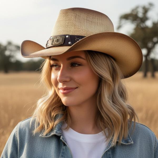 RUSTIC COWBOY HAT WITH CHAIN AND CONCHO DETAIL FAUX LEATHER BAND