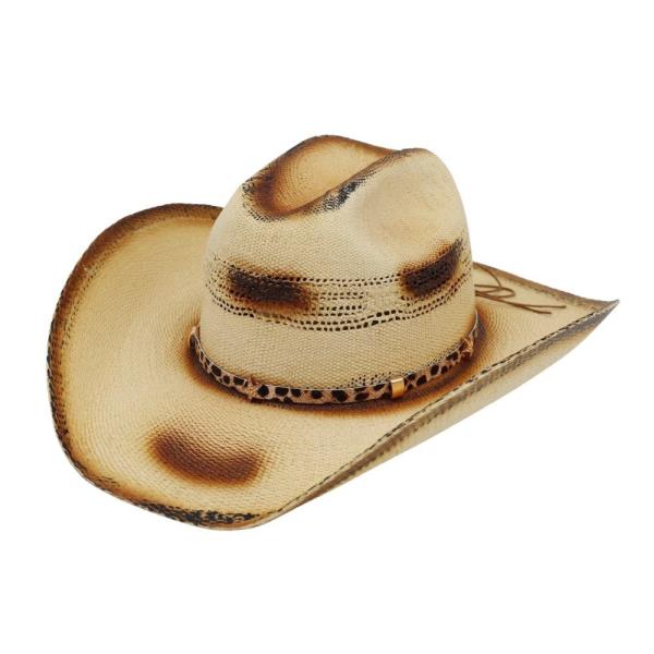 DISTRESSED TWO-TONE COWBOY HAT WITH LEAOPARD-PRINTED BAND WITH STARS