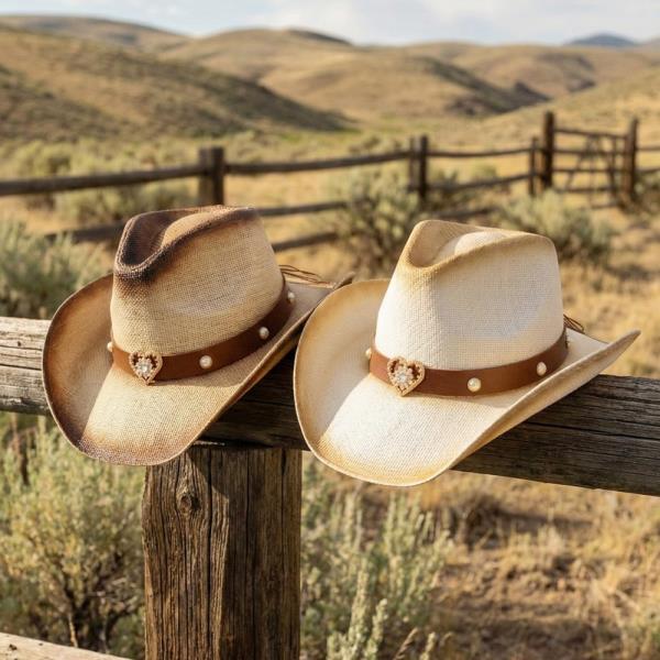 AGED LOOK, TWO-TONE COWBOY HAT WITH GOLDEN HEART AND FAUX PEARL STUDS