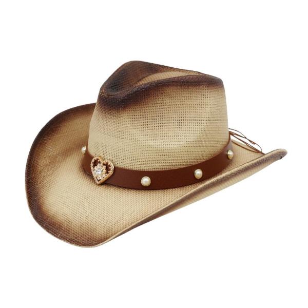 AGED LOOK, TWO-TONE COWBOY HAT WITH GOLDEN HEART AND FAUX PEARL STUDS. ONE SIZE