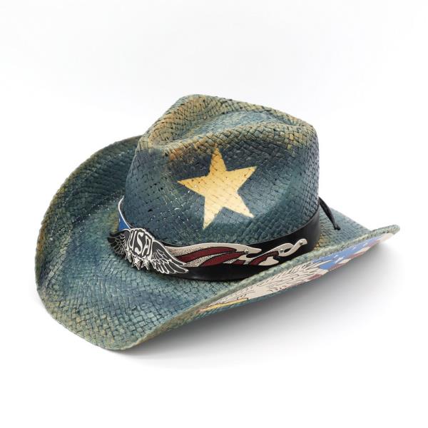 DISTRESSED COWBOY HAT WITH THE LETTERS USA AND AMERICAN FLAG DESIGN