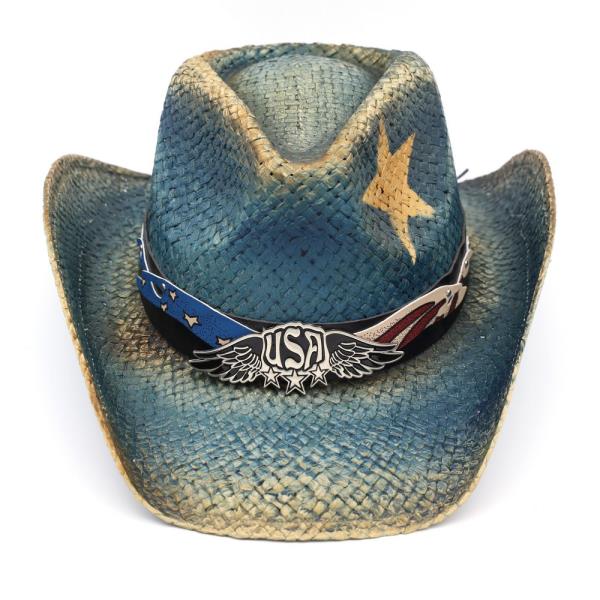 DISTRESSED COWBOY HAT WITH THE LETTERS USA AND AMERICAN FLAG DESIGN