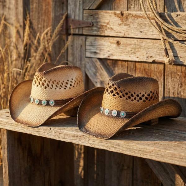 AGED LOOK, TWO TONE COWBOY HAT WITH TURQUOISE STONE ON FAUX LEATHER BAND