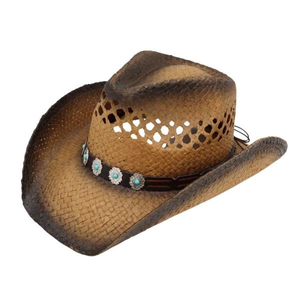 AGED LOOK, TWO TONE COWBOY HAT WITH TURQUOISE STONE ON FAUX LEATHER BAND