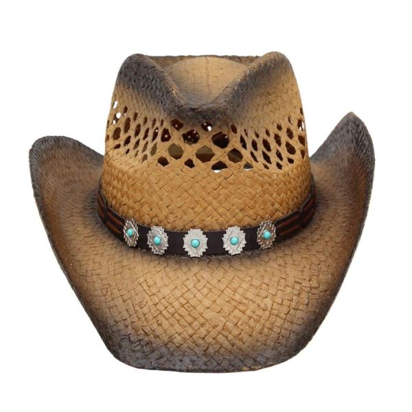 AGED LOOK, TWO TONE COWBOY HAT WITH TURQUOISE STONE ON FAUX LEATHER BAND