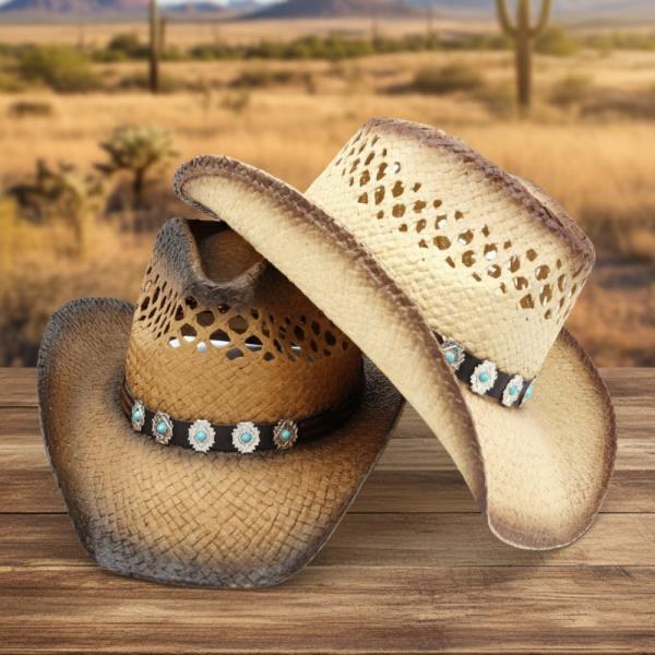 AGED LOOK, TWO TONE COWBOY HAT WITH TURQUOISE STONE ON FAUX LEATHER BAND